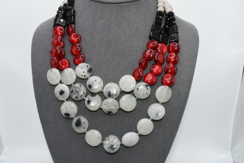 LOFT Three Strand Statement Necklace Glass Lucite Beads Red Black White